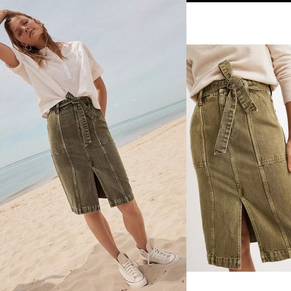 Madewell Olive Green Canvas Midi Skirt with Tie Waist